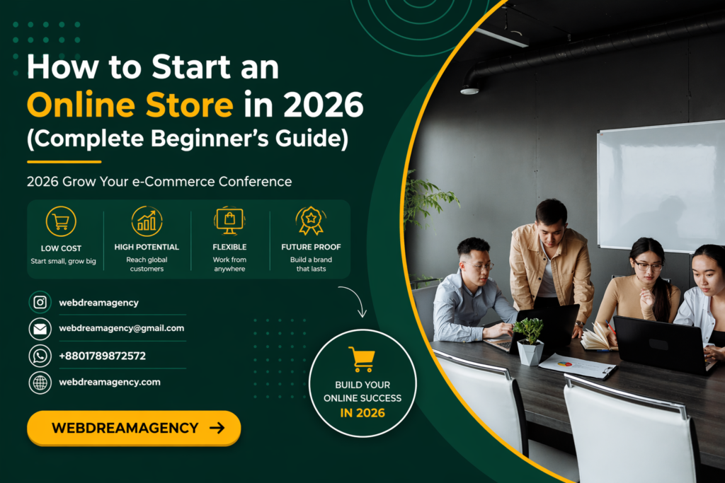 How to start an online store in 2026 guide with ecommerce website design and business team working on laptop
