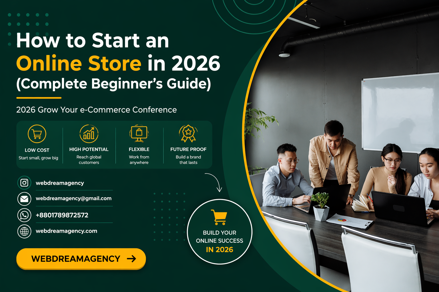 How to start an online store in 2026 guide with ecommerce website design and business team working on laptop