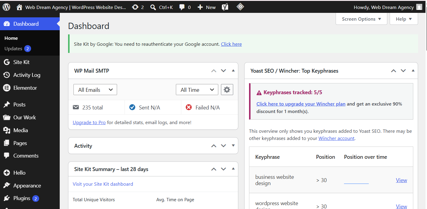 WordPress dashboard showing Yoast SEO keyphrase tracking, Site Kit by Google, WP Mail SMTP statistics, and website management tools.