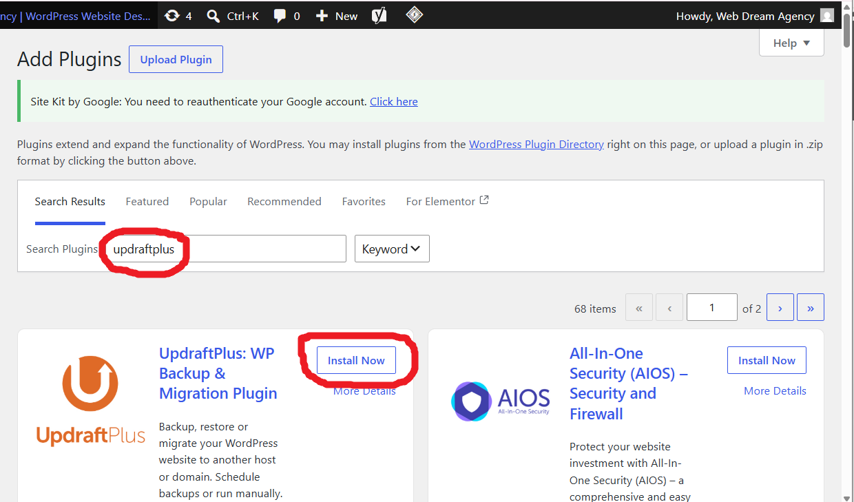 Search for UpdraftPlus WordPress backup plugin