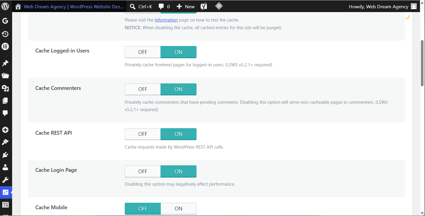LiteSpeed Cache settings in WordPress showing cache options for logged-in users, REST API, login page, and mobile caching.