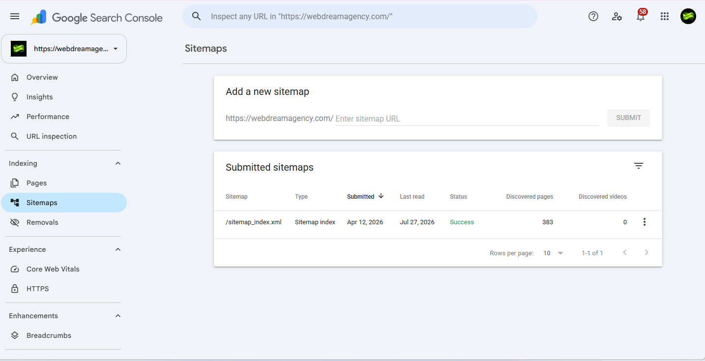 XML sitemap WordPress location in Google Search Console sidebar