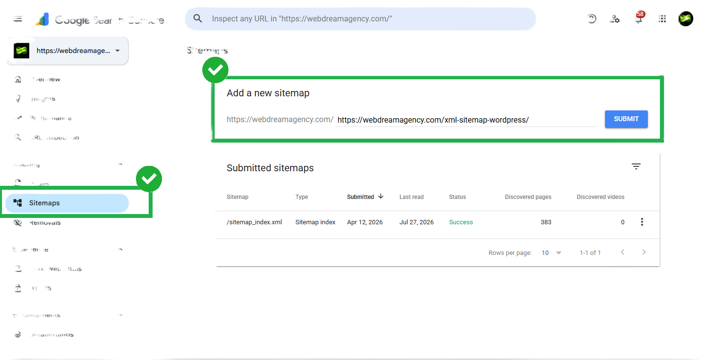 Submitting an XML sitemap WordPress site URL in Google Search Console