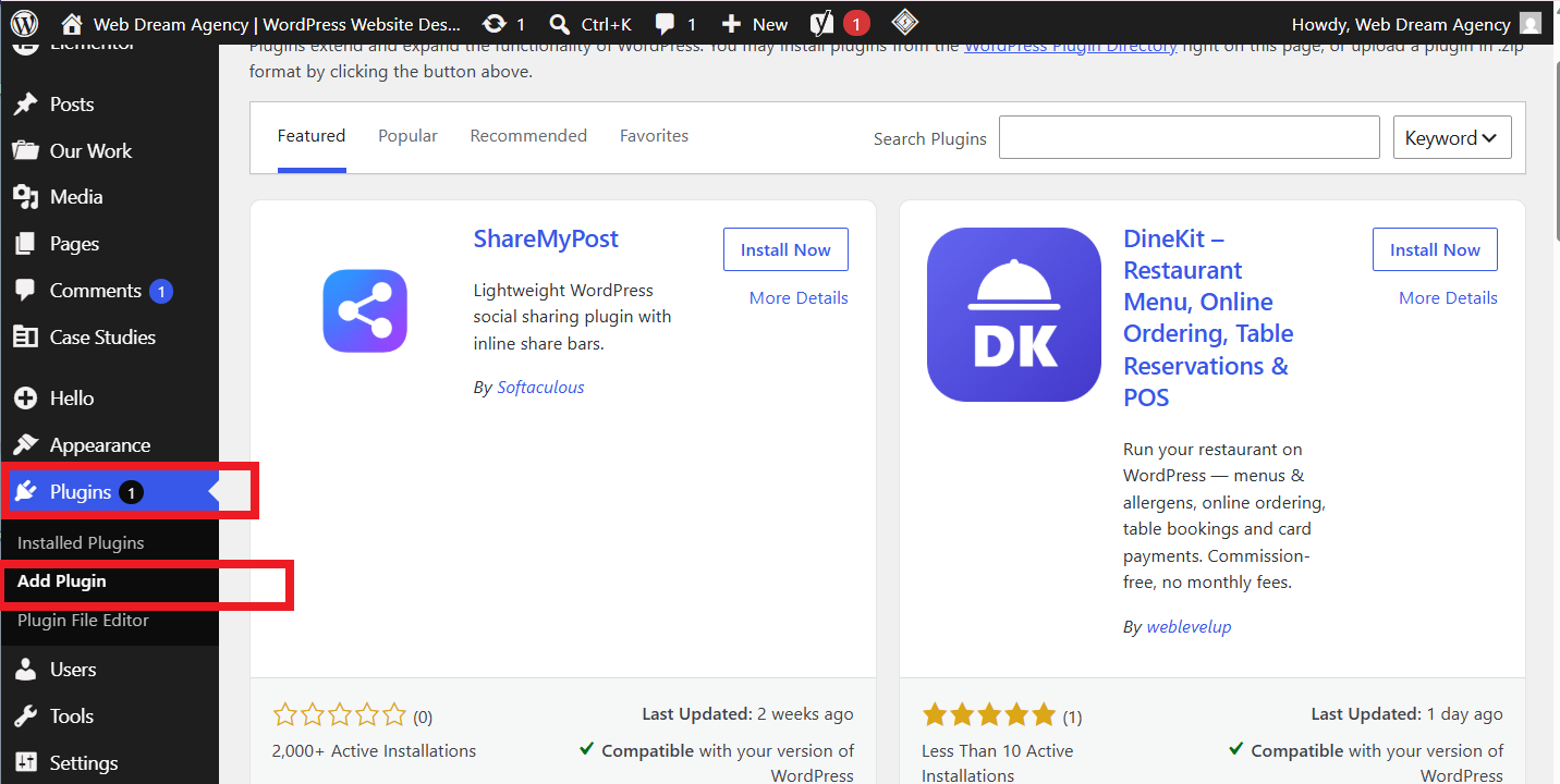 WordPress dashboard sidebar with Plugins and Add Plugin menu highlighted