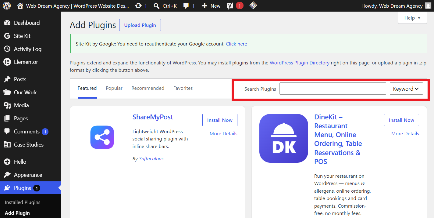 WordPress Add Plugins page with Search Plugins box highlighted