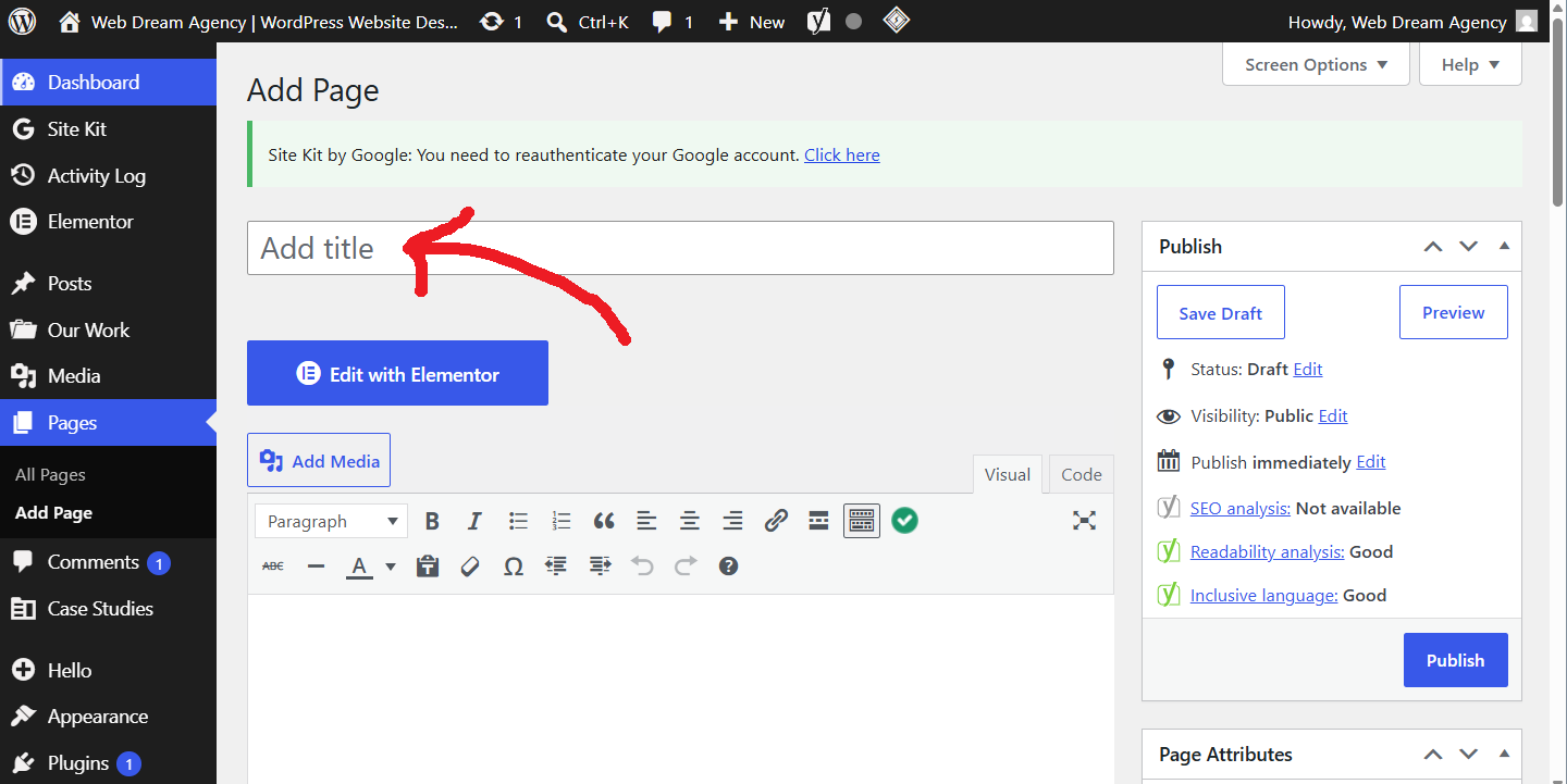 WordPress Add Page screen with the title field highlighted