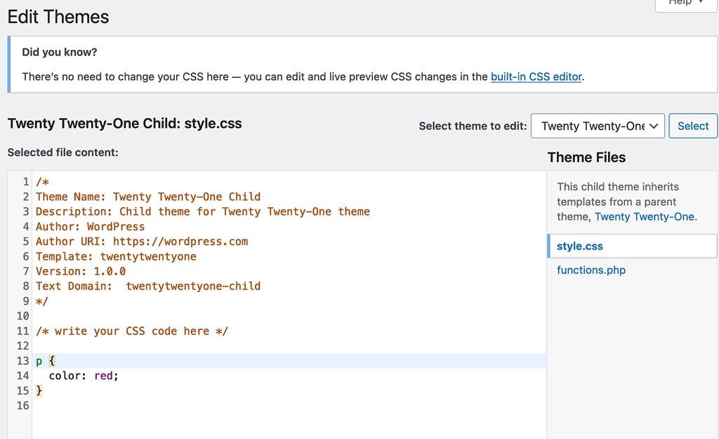 Child theme style.css file