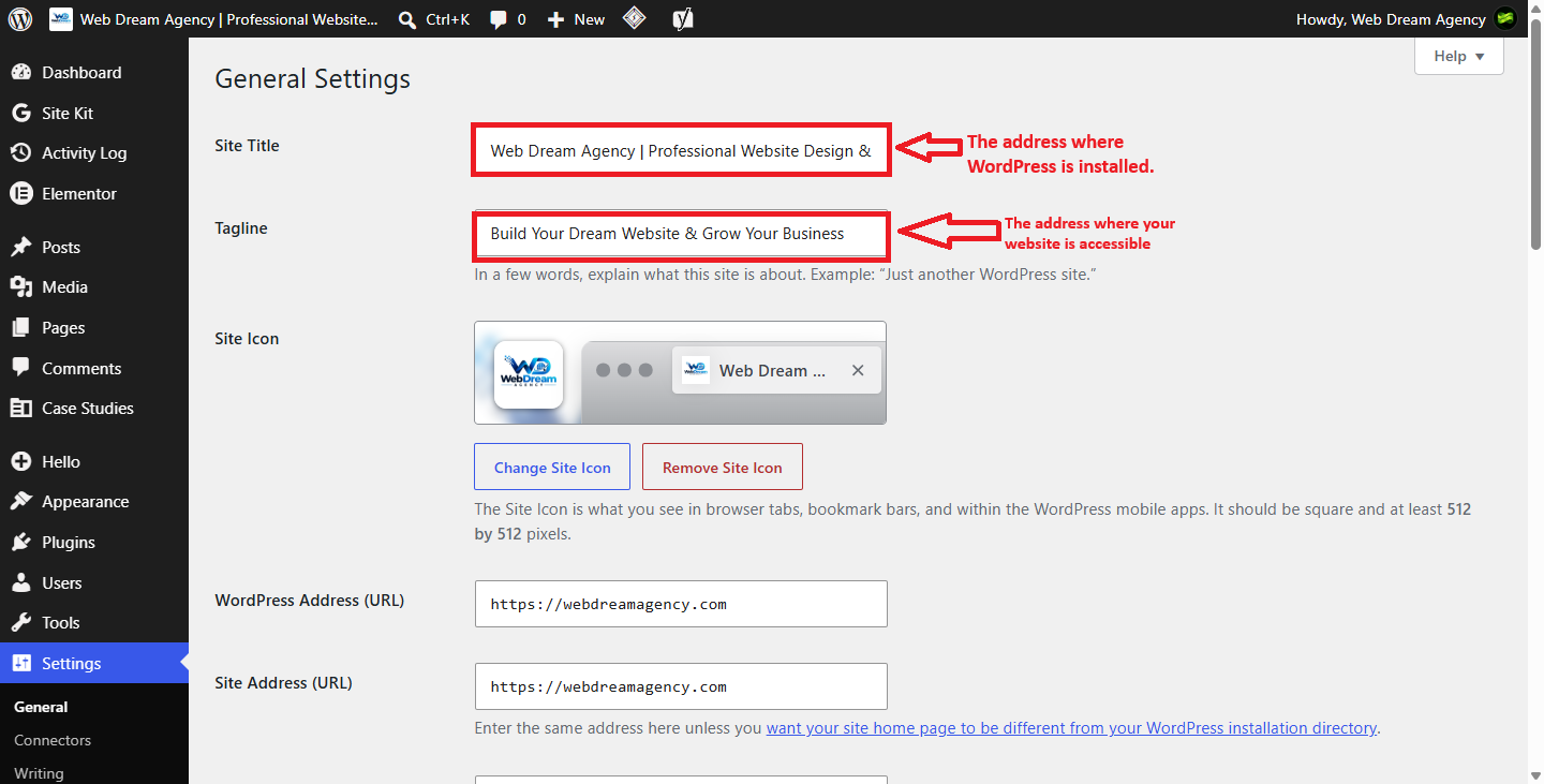 WordPress General Settings showing WordPress Address and Site Address URLs