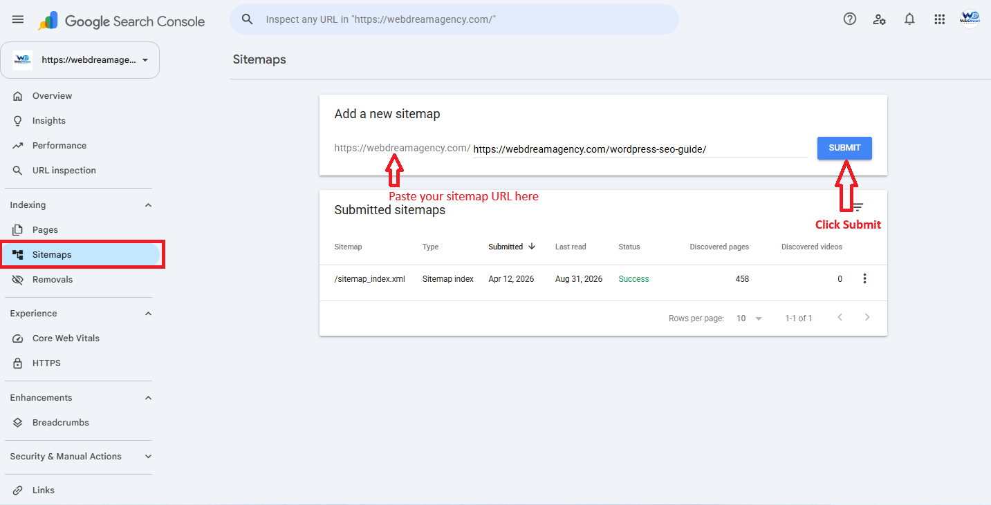 Google Search Console Sitemaps page for WordPress website