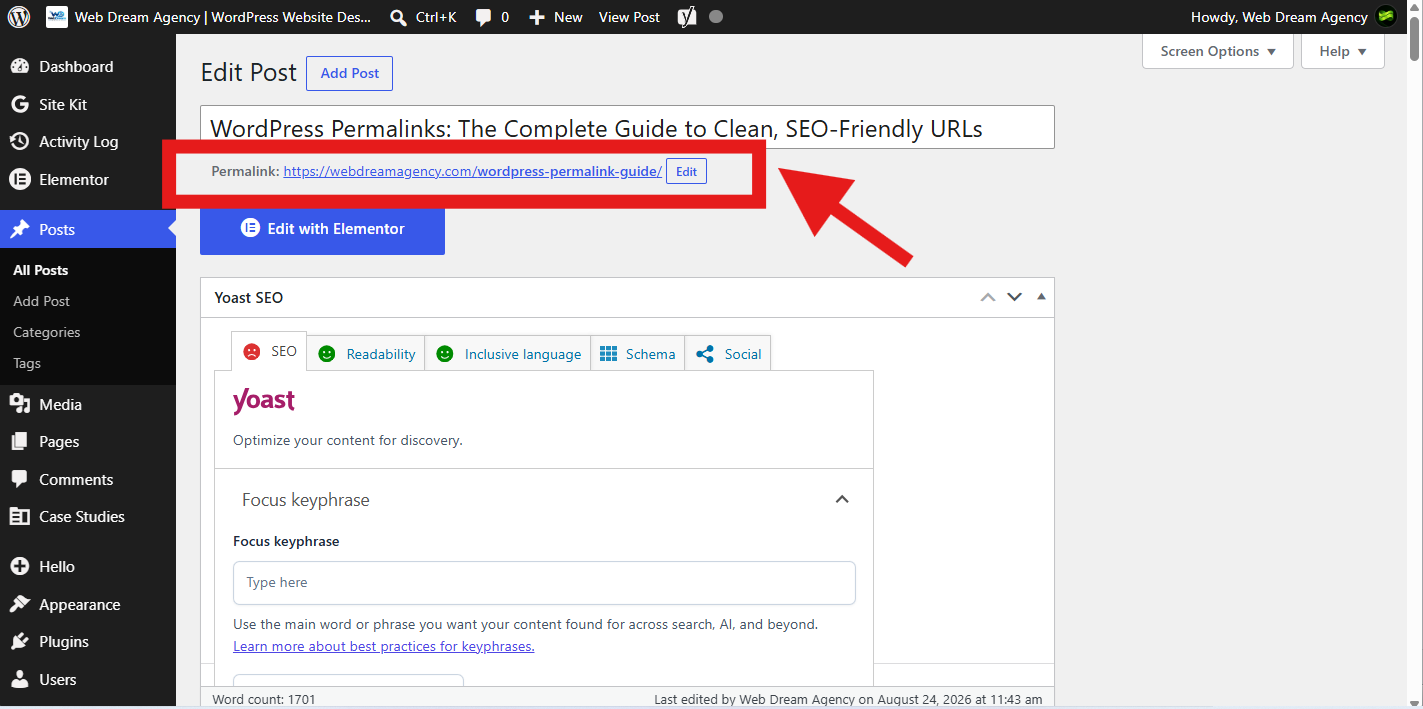 WordPress post permalink showing a clean SEO-friendly URL slug