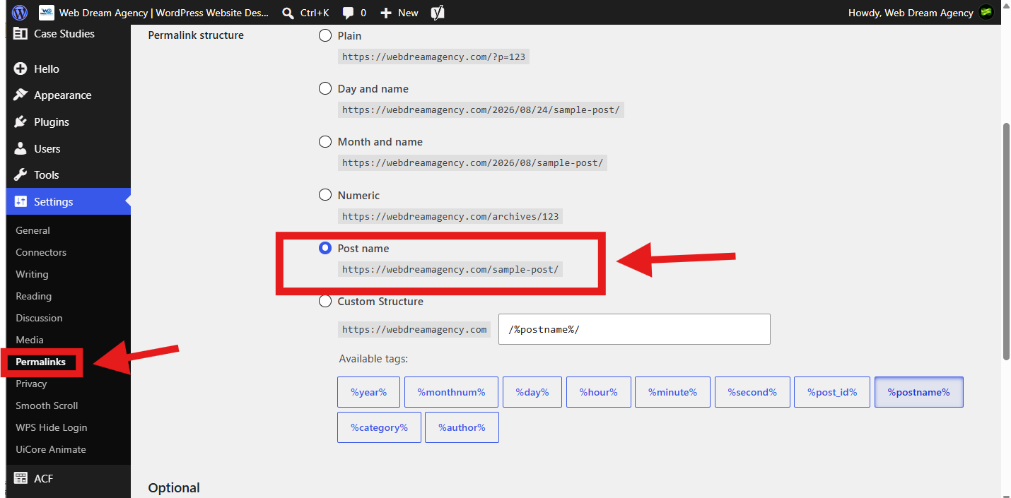 WordPress permalink settings showing the Post name URL structure