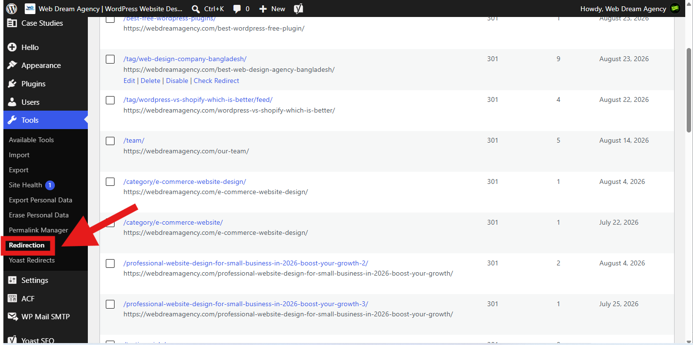 WordPress 301 redirect manager showing old URLs redirected to new URLs