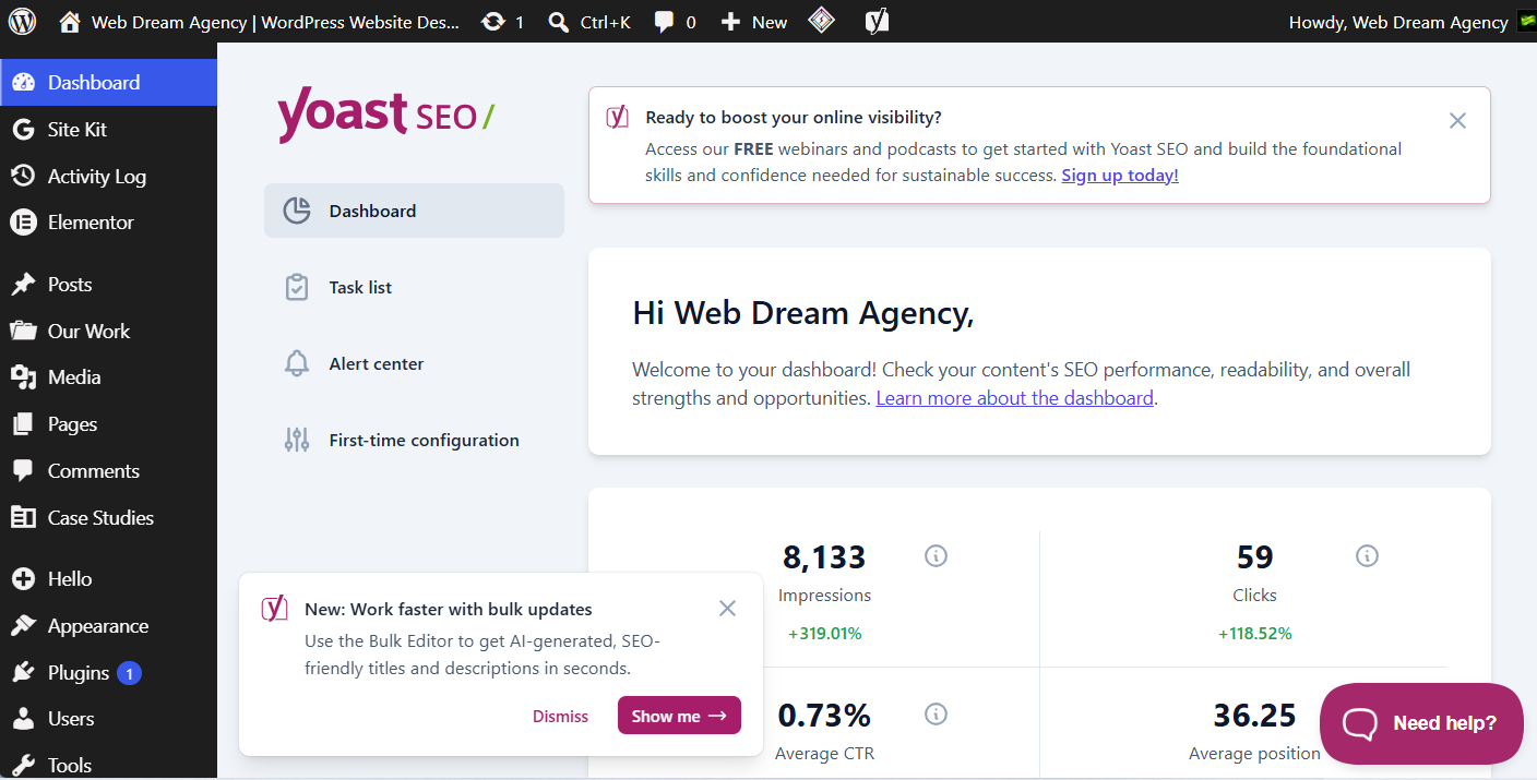 Best free WordPress plugins - Yoast SEO dashboard
