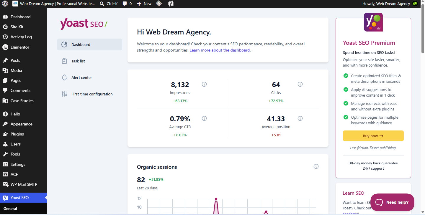 Yoast SEO dashboard in WordPress