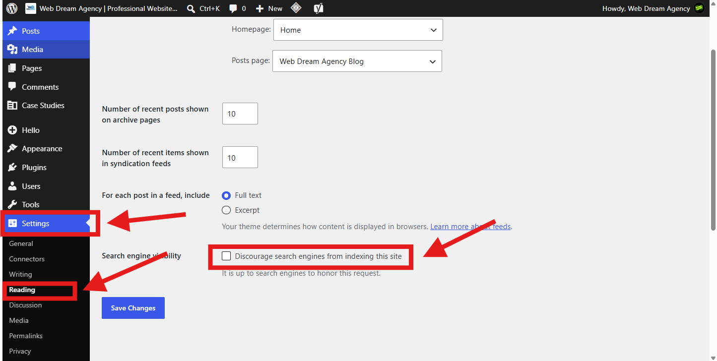 WordPress Reading settings showing search engine visibility