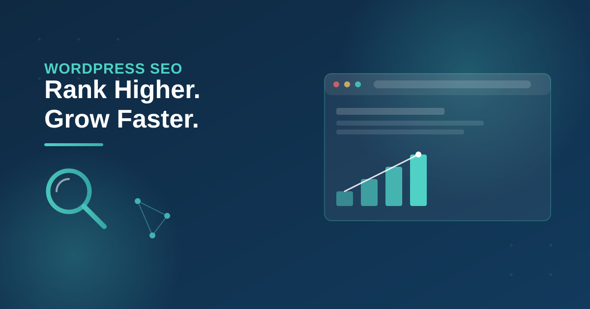 Illustration of WordPress SEO showing a rising performance chart and search icon representing better search rankings