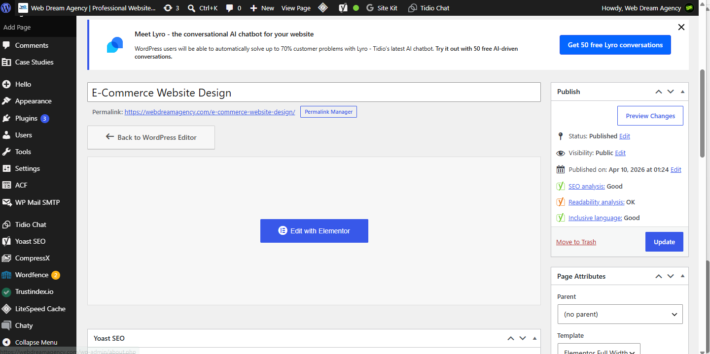 Gutenberg vs Elementor hybrid setup: Edit with Elementor and Back to WordPress Editor buttons on a WordPress page